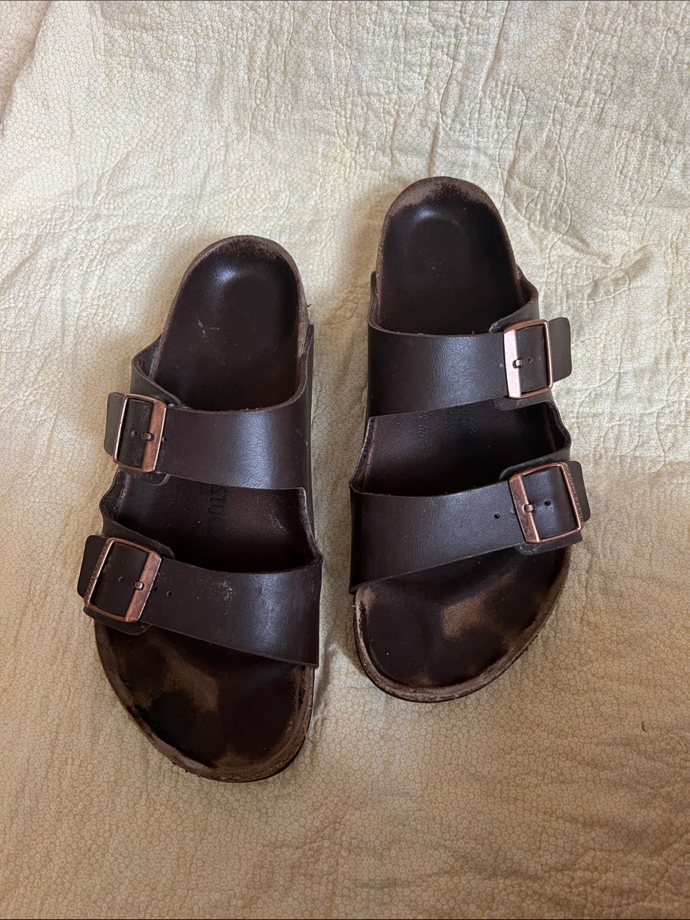 Birkenstock Men's Double Strap Slide Sandals in Dark Brown with Copper Buckles